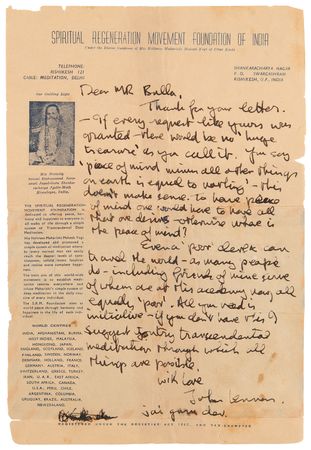 Lot #493 Beatles: John Lennon Autograph Letter Signed on 'Peace of Mind