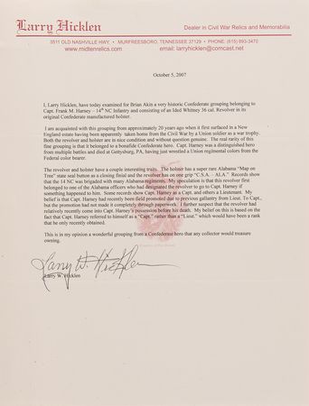 Lot #317 Gettysburg: Whitney .36 Revolver and Confederate Holster, Identified to Capt. F. M. Harney, 14th North Carolina Infantry - Image 10