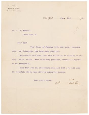 Lot #169 Nikola Tesla Typed Letter Signed to Telegraphy Pioneer Noah Steiner Amstutz - Image 1
