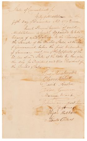 Lot #138 Samuel Huntington and Oliver Wolcott Document Signed - Connecticut's Electoral College Unanimously Re-elects George Washington as President (1792) - Image 1