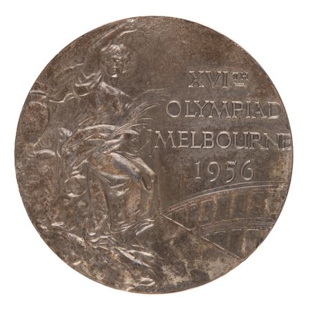 Lot #3081 Melbourne 1956 Summer Olympics Silver Winner's Medal and Participation Medal for Football - Image 1