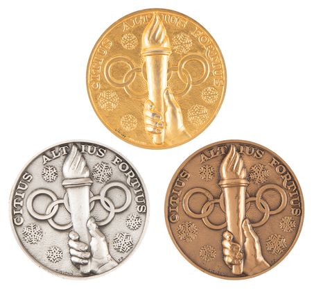 Lot #3077 St. Moritz 1948 Winter Olympics Collection of (3) Winner's Medals: Gold, Silver, and Bronze - Image 1