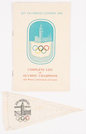 Lot #3269 London 1948 Summer Olympics Pennant and Medalist List Booklet - Image 1