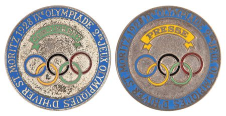 Lot #3215 St. Moritz 1928 Winter Olympics (2) Badges - Athlete and Press - Image 1