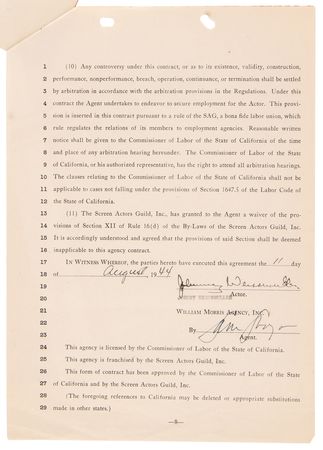 Lot #3314 Johnny Weissmuller War-Dated Signed Movie Contract (August 11, 1944) - Image 1