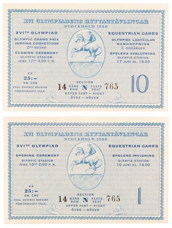 Lot #3302 Stockholm 1956 Summer Olympics 'Equestrian Games' Opening and Closing Ceremony Tickets - Image 1