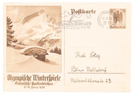 Lot #3305 Garmisch 1936 Winter Olympics Multi-Signed (18) Postal Card with Filmmaker Leni Riefenstahl and (8) Medalists - Image 2