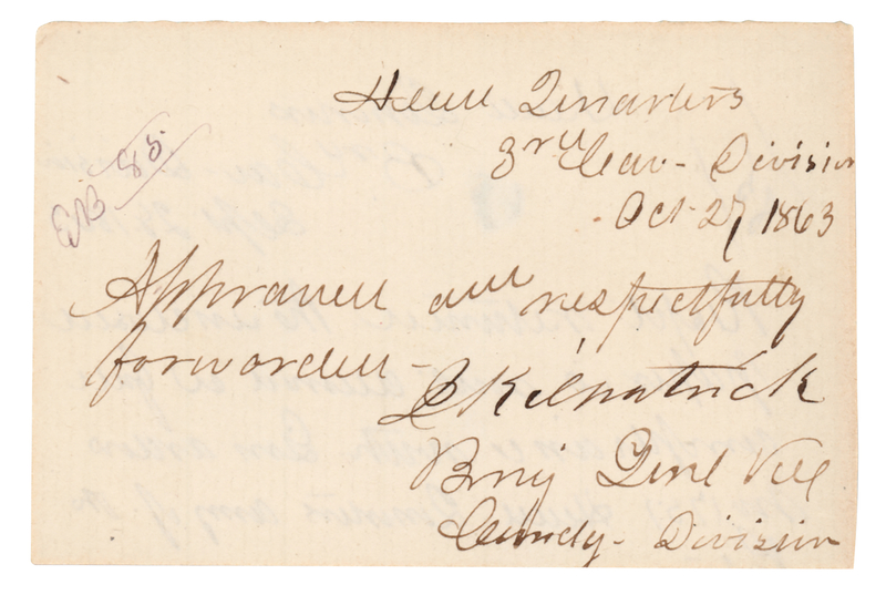 Lot 255 Hugh Judson Kilpatrick Civil War-Dated Signed Endorsement