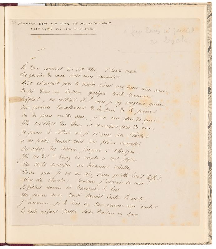 Lot 599 Guy de Maupassant Handwritten Poem - 'Promenade à seize ans'