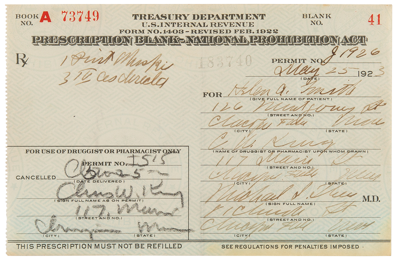 Lot 214 Prohibition: 1923 Liquor Prescription for Whiskey