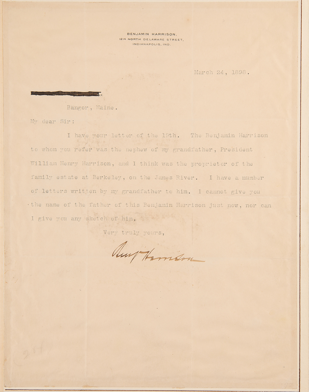 Lot 60 Benjamin Harrison Typed Letter Signed: 