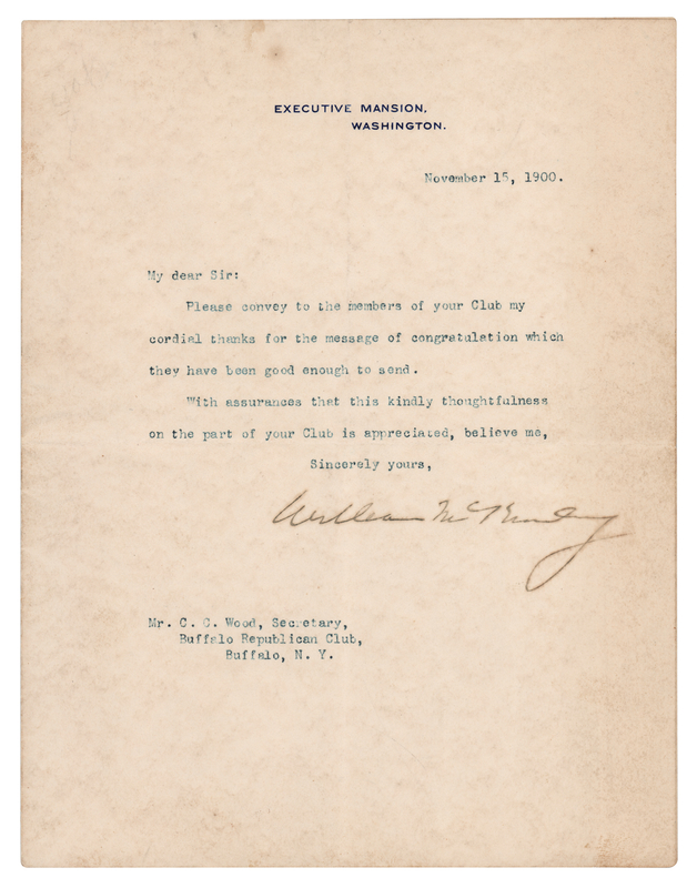 Lot 76 William McKinley Typed Letter Signed as President to the Buffalo Republican Club