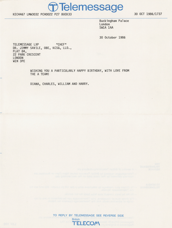 Lot 212 Princess Diana and King Charles III Birthday Telegram for Sir Jimmy Savile (1986)