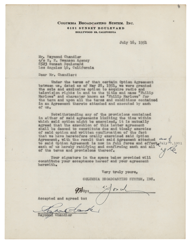 Lot 638 Raymond Chandler Contract Signed - Granting TV and Radio Rights for 'Philip Marlowe'