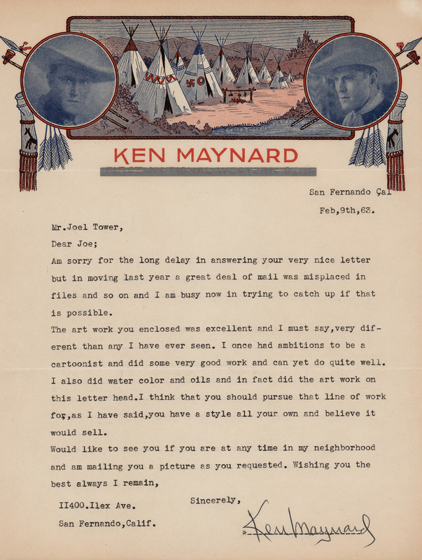 Lot 873 Ken Maynard Typed Letter Signed with Western 'Self-Drawn' Letterhead