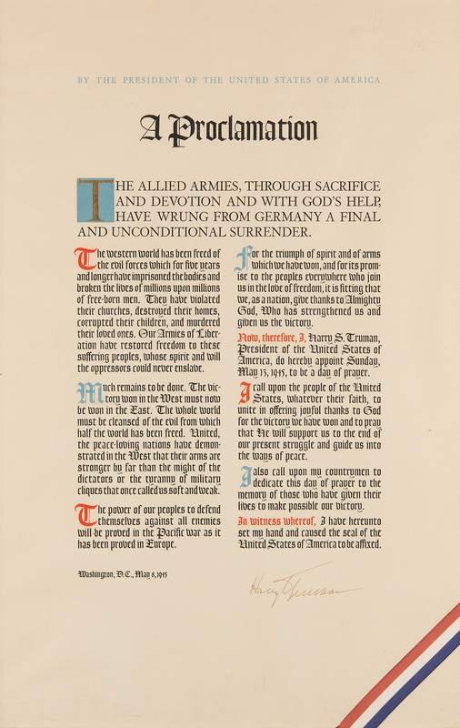 Lot 9 President Harry S. Truman Signed 1945 WWII Victory Proclamation Broadside