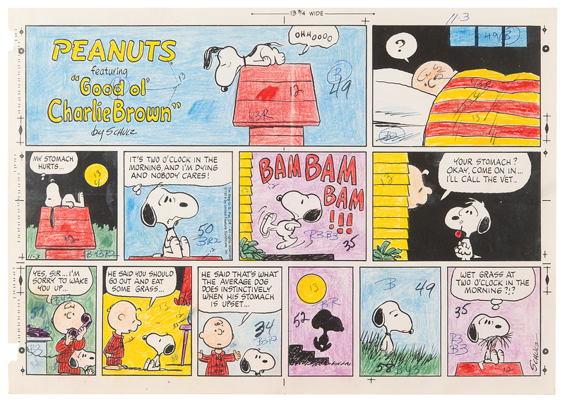 Lot 545 Charlie Brown and Snoopy production color guide for a Peanuts comic strip