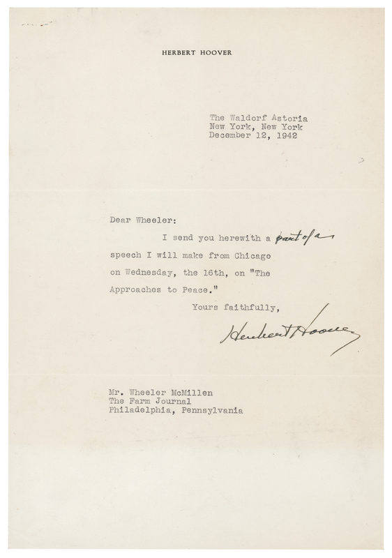 Lot 69 Herbert Hoover Typed Letter Signed, Forwarding His WWII Speech on 'The Approaches to Peace'