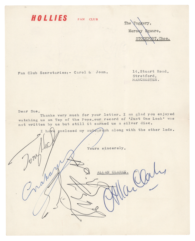 Lot 763 The Hollies Typed Letter - Signed by the Full Band