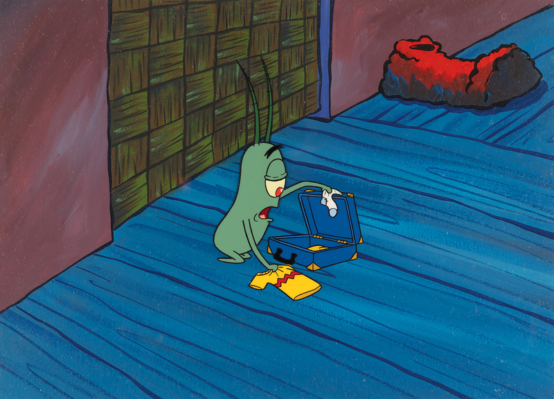 Lot 555 Plankton production cel and master production background from SpongeBob SquarePants