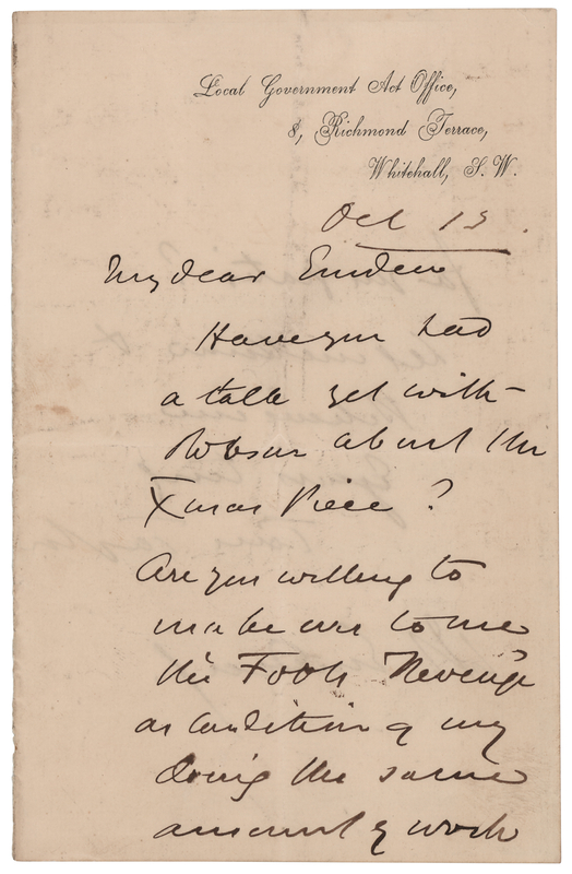 Lot 881 Our American Cousin: Tom Taylor Autograph Letter Signed on 'The Fool's Revenge'