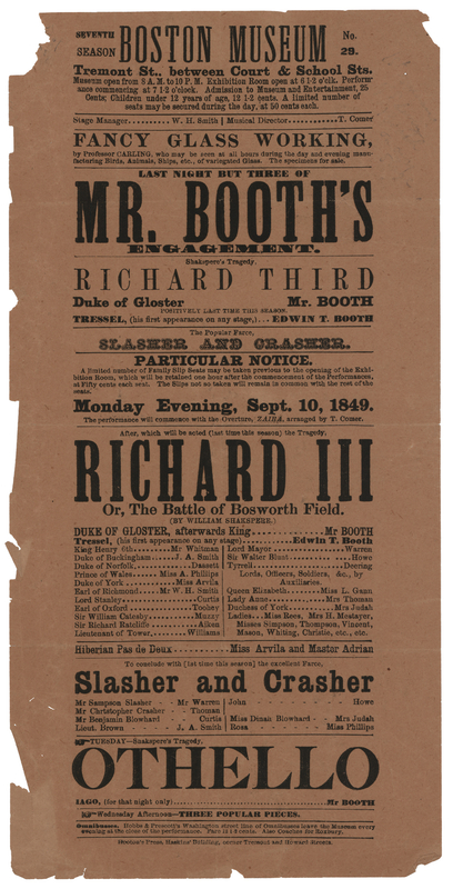 Lot 817 Edwin and Junius Booth: Souvenir 1866 Broadside for Richard III (Boston Museum)