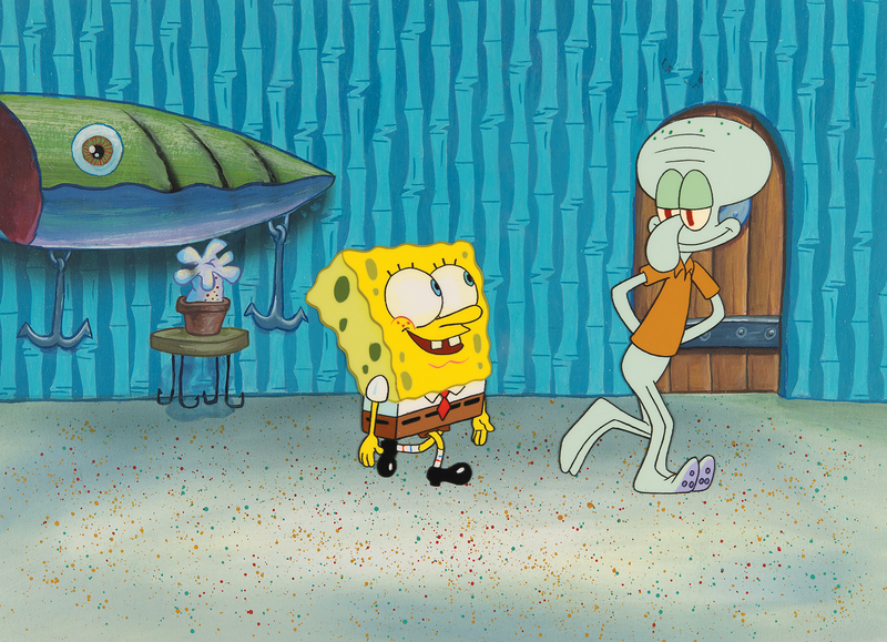 Lot 560 SpongeBob SquarePants and Squidward Tentacles production cels and master production background from SpongeBob SquarePants