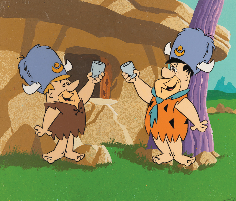 Lot 539 Fred Flintstone and Barney Rubble production cels and master production background from The Flintstones