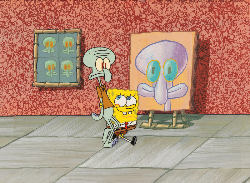 Lot 559 SpongeBob SquarePants and Squidward Tentacles production cel and production master background from SpongeBob SquarePants