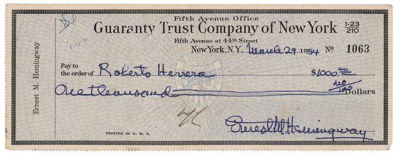 Lot 658 Ernest Hemingway Signed Check to His Cuban Friend