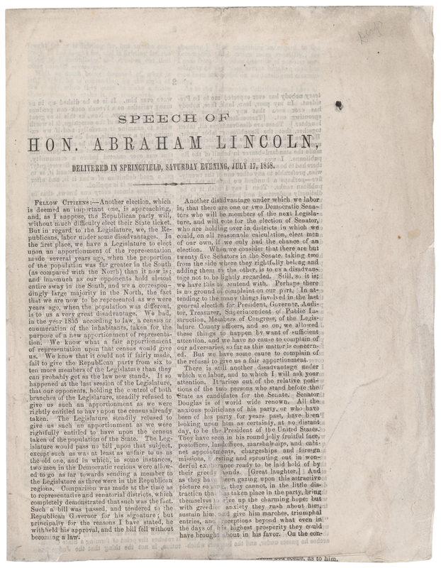 Lot 73 Abraham Lincoln Speech Pamphlet on Slavery and Equality (July 17, 1858) - A Prelude to the Lincoln-Douglas Debates