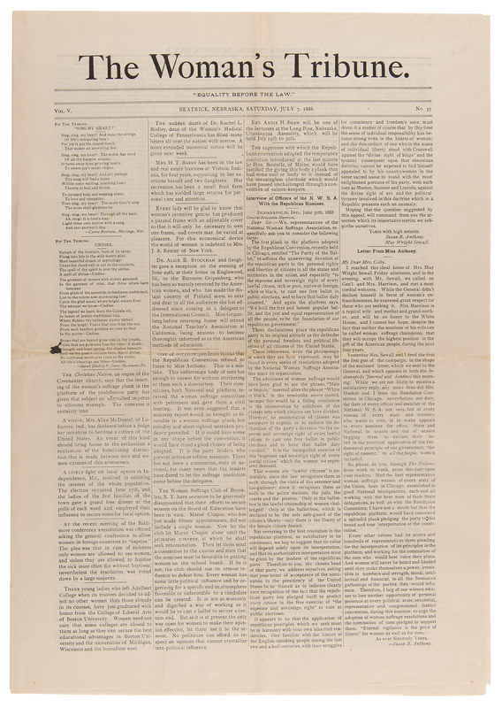 Lot 230 Women's Suffrage: The Woman's Tribune Newspaper from July 7, 1888