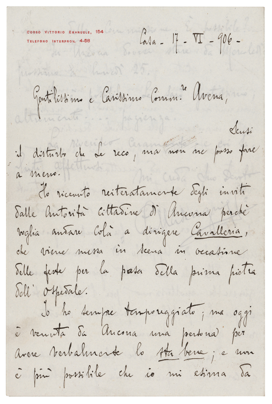 Lot 730 Pietro Mascagni Autograph Letter Signed on a Production of Cavalleria rusticana