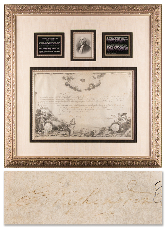 Lot 1 George Washington Document Signed - Society of Cincinnati Membership Certificate