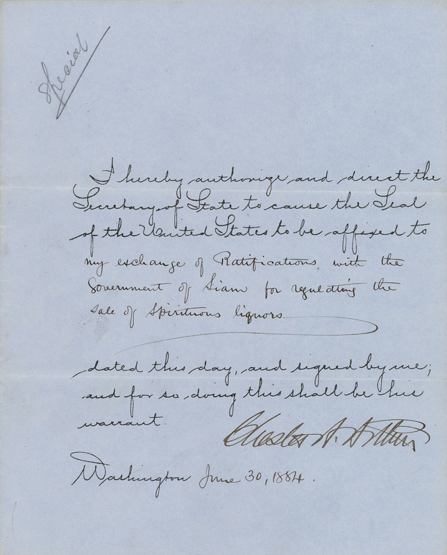 Lot 20 Chester A. Arthur Document Signed as President for a Treaty with Siam 