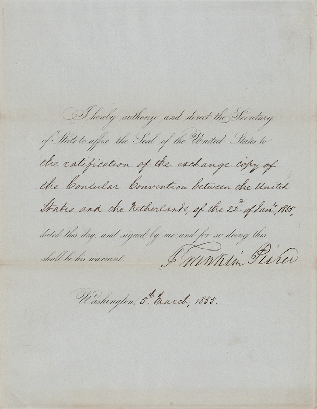 Lot 83 Franklin Pierce Document Signed as President for a Consular Convention with the Netherlands
