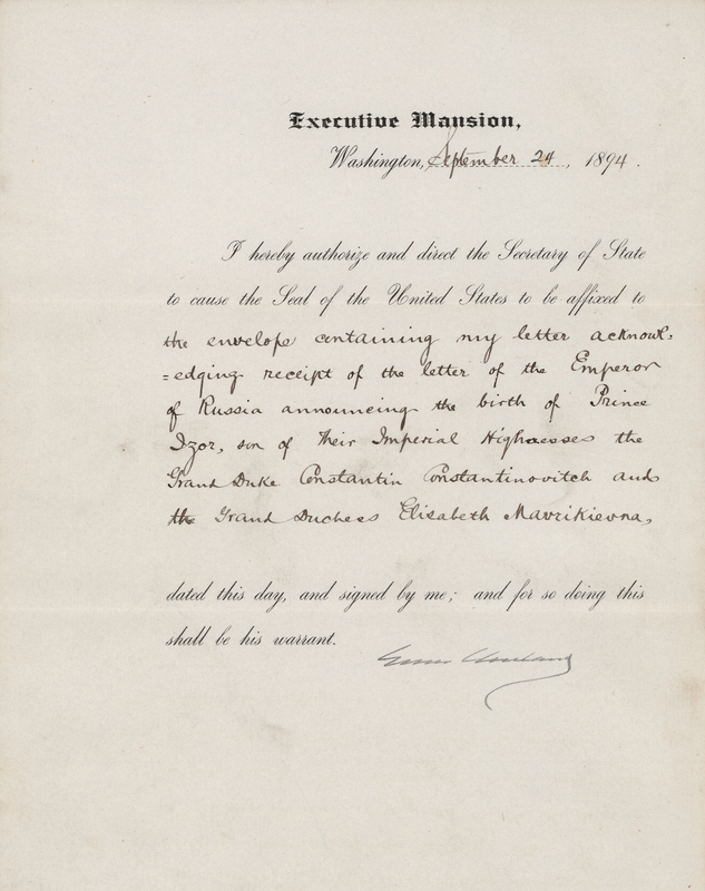 Lot 31 Grover Cleveland Document Signed as President, Congratulating the Emperor of Russia on the Birth of a Romanov Prince