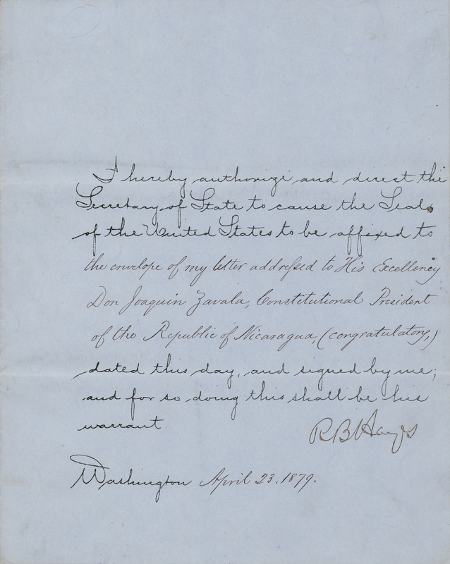 Lot 63 Rutherford B. Hayes Document Signed as President, Congratulating President Joaquin Zavala of Nicaragua