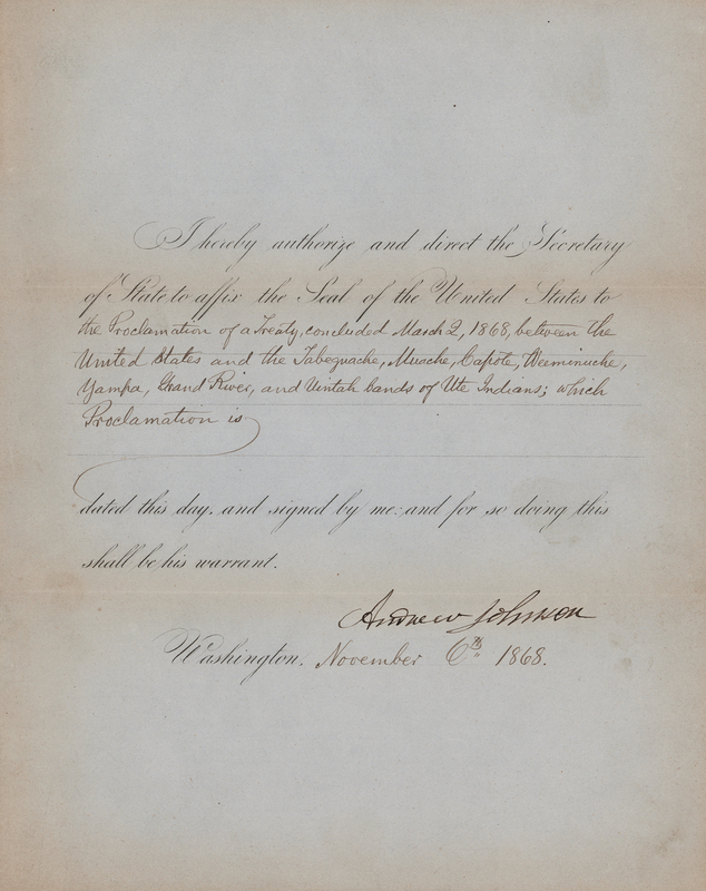 Lot 7 Andrew Johnson Document Signed as President for the 'Kit Carson Treaty' of 1868, made between the United States and Seven Bands of Ute Indians