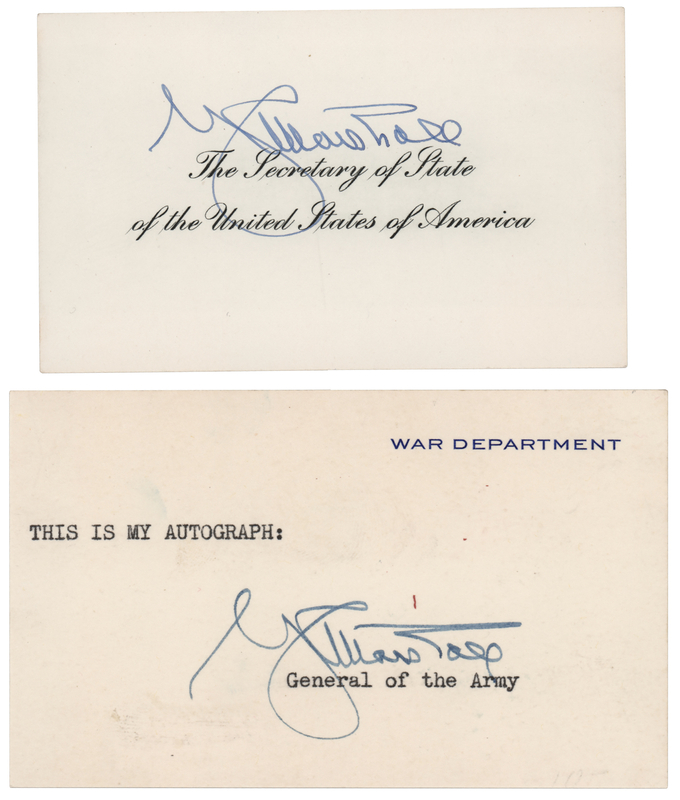 Lot 264 George C. Marshall (2) Signed Cards - War Department and Secretary of State