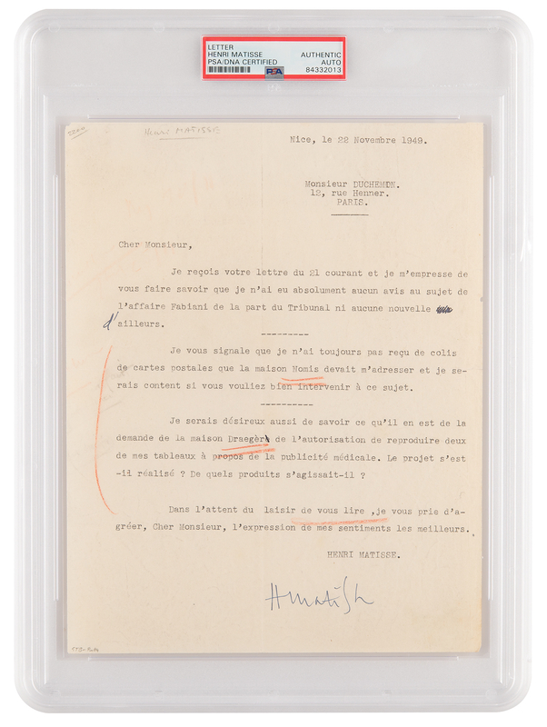 Lot 328 Henri Matisse Typed Letter Signed on a Nazi-Linked Art Dealer and Licensing His Artwork