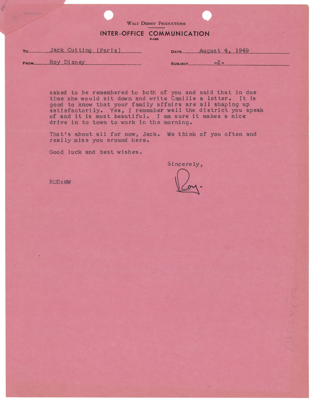 Lot 422 Roy Disney Typed Letter Signed to Disney Animator Jack Cutting on Cinderella and Seal Island - 