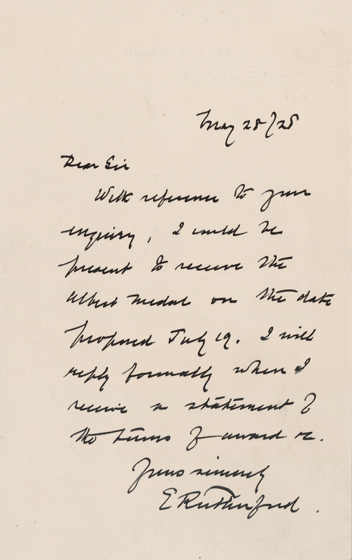Lot 143 Ernest Rutherford Autograph Letter Signed on Receiving the Albert Medal