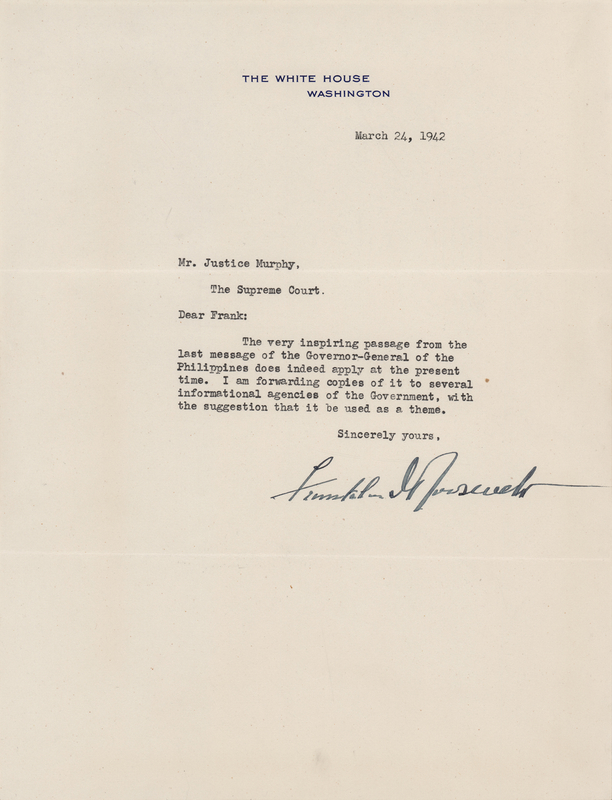 Lot 89 Franklin Roosevelt Typed Letter Signed as President to Supreme Court Justice Frank Murphy