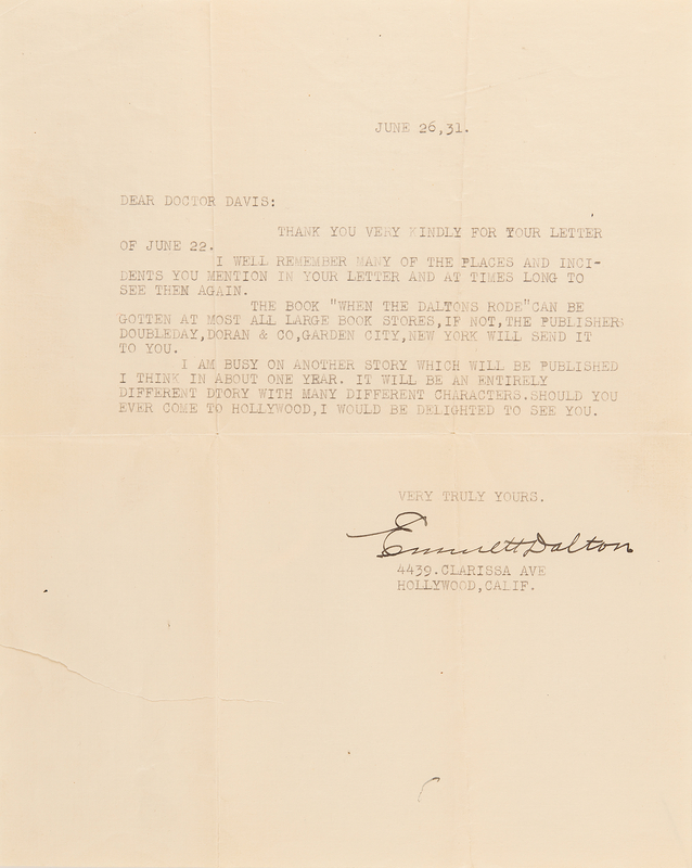 Lot 149 Emmett Dalton Typed Letter Signed on His Book, 'When the Daltons Rode'