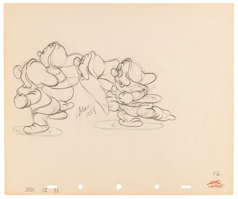Lot 445 Doc, Sleepy, Happy, and Sneezy production drawing from Snow White and the Seven Dwarfs