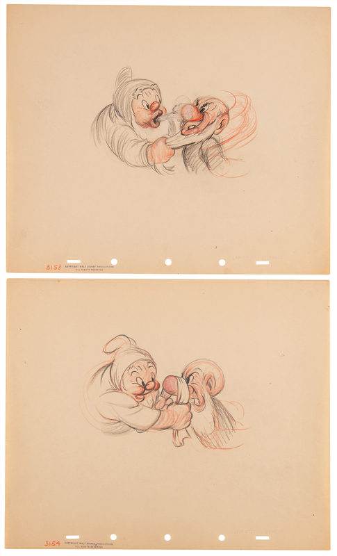 Lot 447 Happy and Grumpy storyboard gag drawings (2) from Snow White and the Seven Dwarfs
