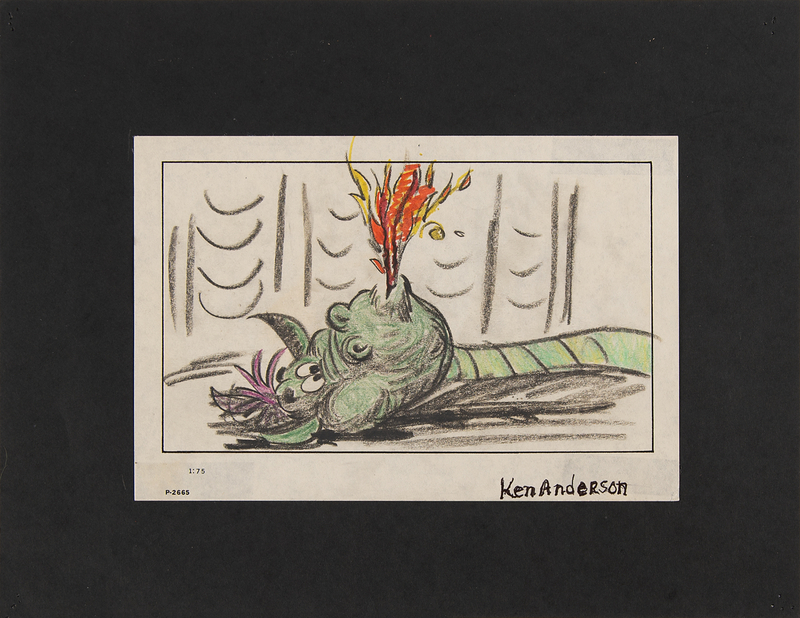Lot 494 Ken Anderson production storyboard drawing of Elliott the Dragon from Pete's Dragon