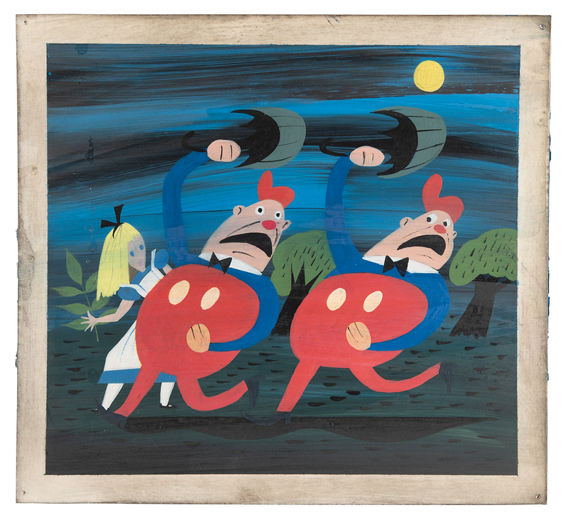 Lot 394 Mary Blair concept painting of Alice and Tweedledum and Tweedledee from Alice in Wonderland