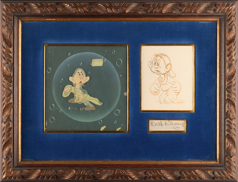 Lot 349 Dopey production cel and production drawing from Snow White and the Seven Dwarfs with Walt Disney Signature